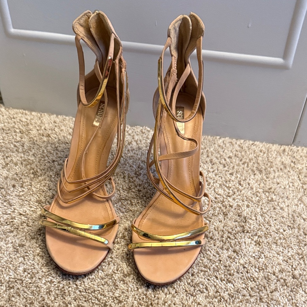 SCHUTZ Gold and Tan Strappy Heels